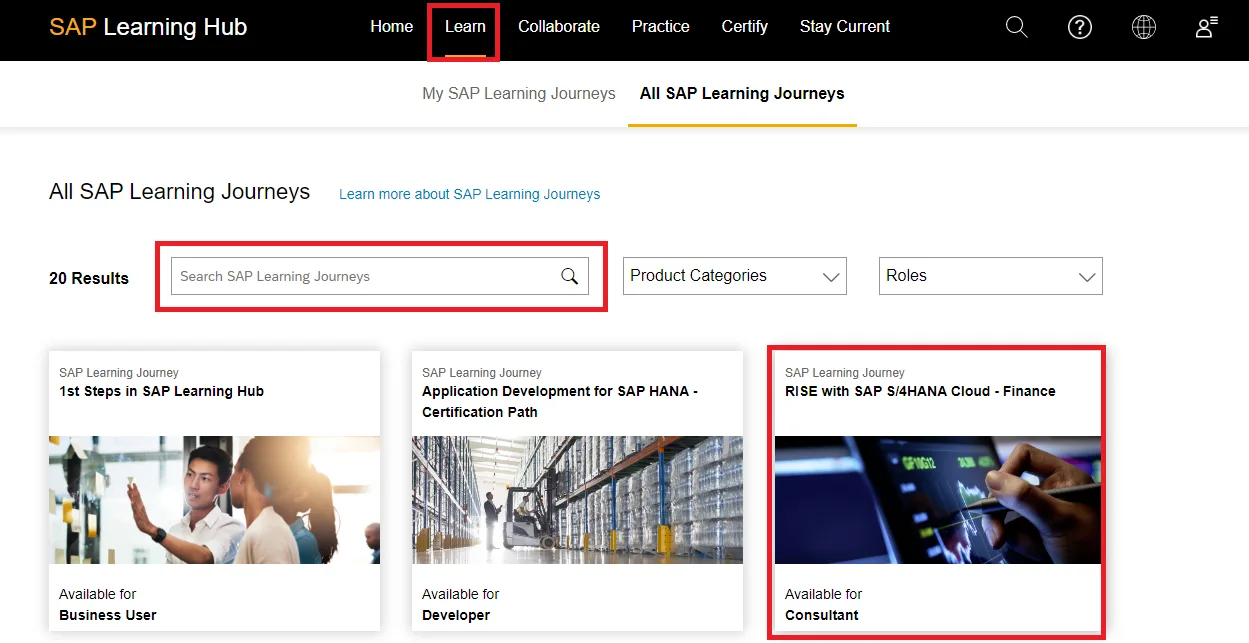Finding and Selecting SAP Courses on Learning Hub