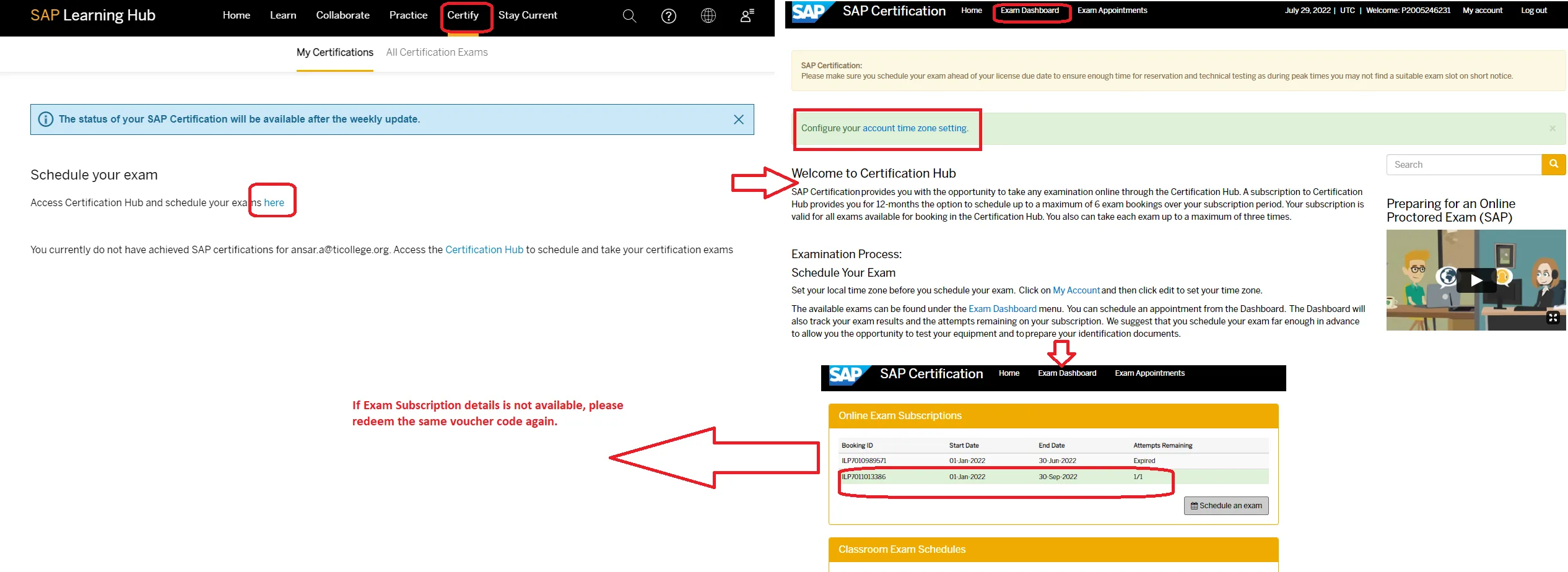 SAP Exam Dashboard and Subscription Details