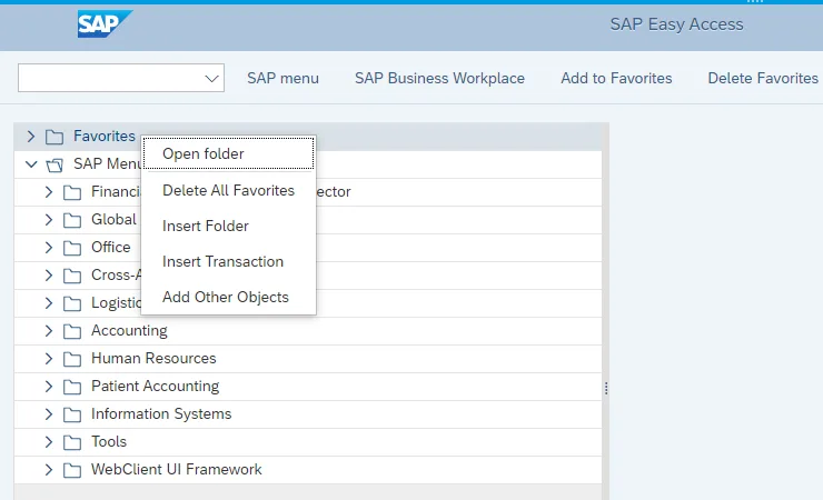 SAP Favorites Menu