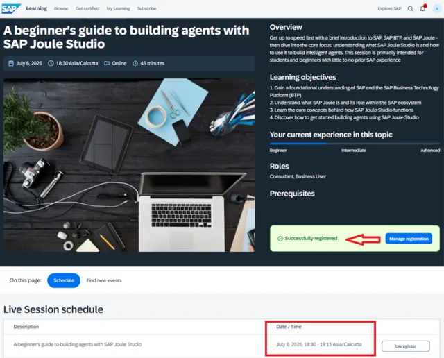 SAP Joule Studio registration confirmation screen