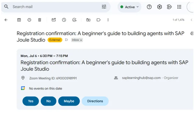 SAP Joule Studio confirmation email